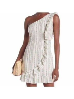 Line + Dot  One-Shoulder Striped Ruffled Mini Dress White Size Small